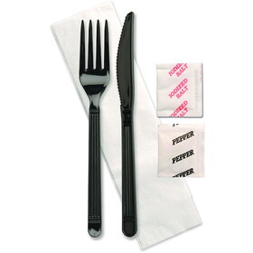 D &amp; W Fine Pack Forum Knife, Fork, Salt, Pepper, And 1 Ply Napkin Black Ebony Individually Wrapped Cutlery Kit, 250 Each, 250 Per Box, 1 Per Case