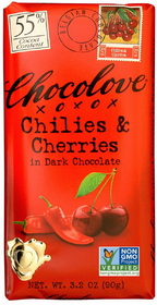 Chocolove Chilies &amp; Cherries In Dark Chocolate, 3.2 Ounces, 12 per box, 12 per case