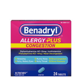Benadryl Allergy Plus, 24 Count, 3 Per Box, 8 Per Case