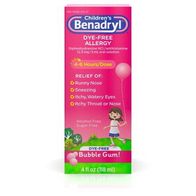 Benadryl Children's Dye Free Allergy Liquid Bubblegum, 4 Fluid Ounces, 3 Per Box, 12 Per Case