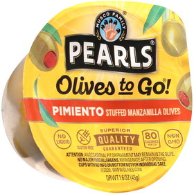 Pearls Olives To Go Pimento Stuffed Manzanilla Olive Cup, 1.6 Ounces, 8 per case