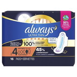 Always Ultra Thin Pads Overnight Wing, 16 Count, 12 Per Case