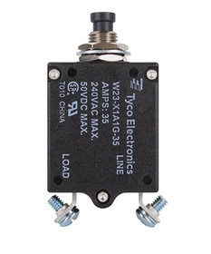 Te Connectivity W23-35 W23-X1A1G-35 Circuit Breaker/35 Amp, Ac: 240V, Dc: 50V, 50 Vdc, Panel Mount, 1 Pole, Push Button Actuator, Black, Screw Termination