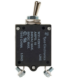 Te Connectivity W31M-10 W31X2M1G-10 Circuit Breaker/10 Amp, Ac: 240V, Dc: 50V, 50 Vdc, Panel Mount, 1 Pole, Toggle Actuator, Silver, Screw Termination