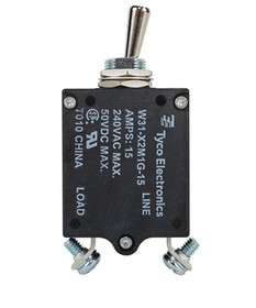 Te Connectivity W31M-15 W31X2M1G-15 Circuit Breaker/15 Amp, Ac: 240V, Dc: 50V, 50 Vdc, Panel Mount, 1 Pole, Toggle Actuator, Silver, Screw Termination
