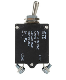 Te Connectivity W31M-2 W31X2M1G-2 Circuit Breaker/2 Amp, Ac: 240V, Dc: 50V, 50 Vdc, Panel Mount, 1 Pole, Toggle Actuator, Silver, Screw Termination