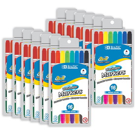 BAZIC Products BAZ1234-12 Washable Markers Double Tip, 8 Count In 16 Different Colors (12 PK)