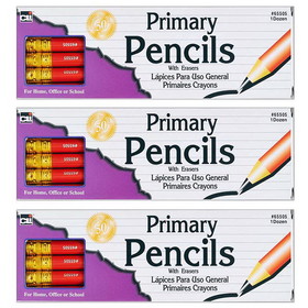 Charles Leonard CHL65505-3 Pencil Primary Red W/Eraser, 12 Per Box (3 BX)