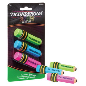 Ticonderoga DIX38963 Pencil Shaped Neon Erasers 3Pk