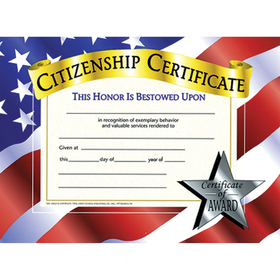 Hayes School Publishing H-VA525 Certificates Citizenship 30 Pk 8.5 X 11