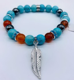AzureGreen JB8070  8mm Turquoise, Red Agate, Hematite with Feather