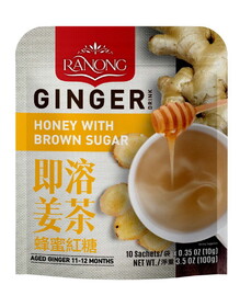 Ranong Tea Ginger Drink Natural Honey Flavor with Brown Sugar, 10 G, 10 per pack, 12 per case