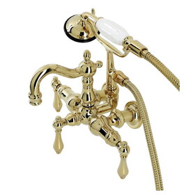 Kingston Brass Heritage 3-3/8" Tub Wall Mount Clawfoot Tub Faucet with Hand Shower, Polished Brass CA1007T2