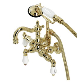 Kingston Brass Heritage 3-3/8" Tub Wall Mount Clawfoot Tub Faucet with Hand Shower, Polished Brass CA1009T2