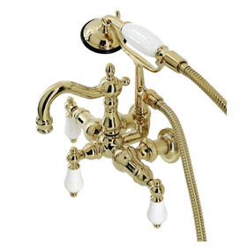 Kingston Brass Heritage 3-3/8" Tub Wall Mount Clawfoot Tub Faucet with Hand Shower, Polished Brass CA1011T2