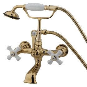 Kingston Brass Vintage 7-Inch Wall Mount Tub Faucet with Hand Shower, Polished Brass CC559T2