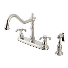Elements of Design EB1758TXBS Double Handle 8" Centerset Kitchen Faucet with White Sprayer, Satin Nickel Finish