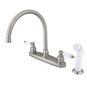 Elements of Design EB728 Two Handle Goose Neck Kitchen Faucet with White Sprayer, Satin Nickel