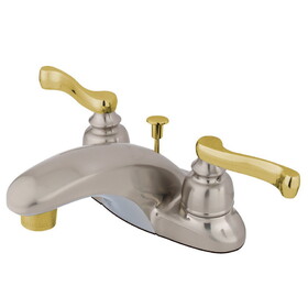 Elements of Design EB8629FL Two Handle 4" Centerset Lavatory Faucet with Brass Pop-up, Satin Nickel/Polished Brass