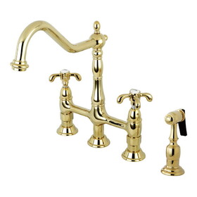 Elements of Design ES1272TXBS Double Handle 8" Centerset Kitchen Faucet with Brass Sprayer, Polished Brass Finish