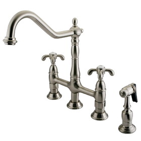 Elements of Design ES1278TXBS Double Handle 8" Centerset Kitchen Faucet with Brass Sprayer, Satin Nickel Finish