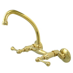 Elements of Design ES3142L Two Handle High Arc Spout Wall Mount Kitchen Faucet, Polished Brass