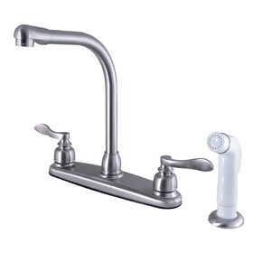 Kingston Brass FB718NFL NuWave French Two-Handle 4-Hole Deck Mount 8" Centerset Kitchen Faucet with Side Sprayer, Brushed Nickel