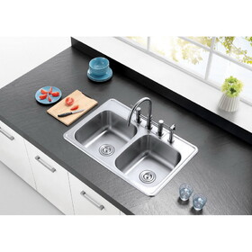 Kingston Brass GKTD33226 Studio 33-Inch Stainless Steel Self-Rimming 4-Hole Double Bowl Drop-In Kitchen Sink, Brushed