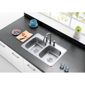 Kingston Brass GKTD332283 Studio 33-Inch Stainless Steel Self-Rimming 3-Hole Double Bowl Drop-In Kitchen Sink, Brushed