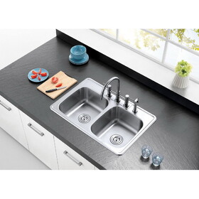 Kingston Brass GKTD33228 Studio 33-Inch Stainless Steel Self-Rimming 4-Hole Double Bowl Drop-In Kitchen Sink, Brushed