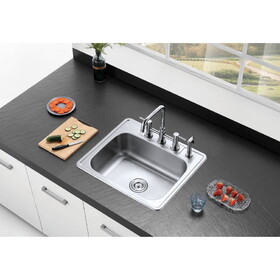 Kingston Brass GKTS2522 Studio 25-Inch Stainless Steel Self-Rimming 4-Hole Single Bowl Drop-In Kitchen Sink, Brushed