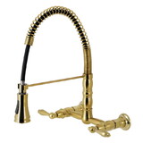 Kingston Brass Gourmetier GS1247AL Heritage Two-Handle Wall-Mount Pull-Down Sprayer Kitchen Faucet, Brushed Brass