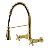 Kingston Brass Gourmetier GS1247AX Heritage Two-Handle Wall-Mount Pull-Down Sprayer Kitchen Faucet, Brushed Brass