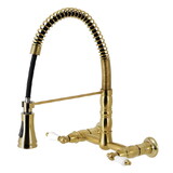 Kingston Brass Gourmetier GS1247PL Heritage Two-Handle Wall-Mount Pull-Down Sprayer Kitchen Faucet, Brushed Brass