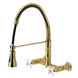 Kingston Brass Gourmetier GS1247PX Heritage Two-Handle Wall-Mount Pull-Down Sprayer Kitchen Faucet, Brushed Brass