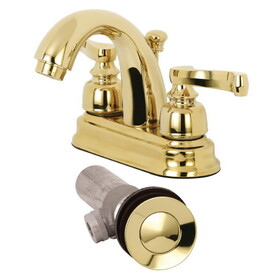 Kingston Brass KB5612FLB Two-Handle 3-Hole Deck Mount 4" Centerset Bathroom Faucet with Brass Pop-Up, Polished Brass