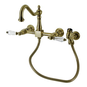 Kingston Brass KS1243WLLBS Wilshire Wall Mount Bridge Kitchen Faucet with Brass Sprayer, Antique Brass