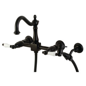 Kingston Brass Heritage Wall Mount Bridge Kitchen Faucet with Brass Sprayer, Matte Black KS1260PLBS