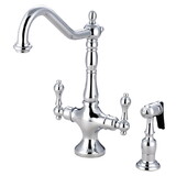 Kingston Brass Heritage 2-Handle Kitchen Faucet with Brass Sprayer, Polished Chrome