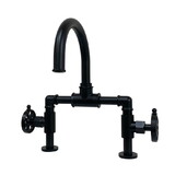 Kingston Brass Belknap Industrial Style Wheel Handle Bridge Bathroom Faucet with Pop-Up Drain, Matte Black