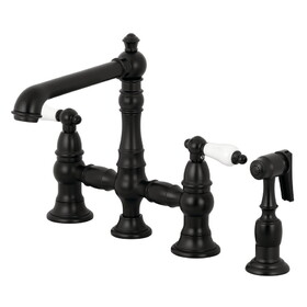 Kingston Brass English Country 8" Bridge Kitchen Faucet with Sprayer, Matte Black KS7270PLBS