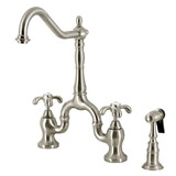 Kingston Brass KS7758TXBS French Country Bridge Kitchen Faucet with Brass Sprayer, Brushed Nickel