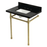 Kingston Brass Tulare KVPK30K8SQ7ST - Dreyfuss 30-Inch Black Granite Console Sink with Stainless Steel Legs (8-Inch, 3-Hole), Black Granite/Brushed Brass
