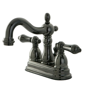 Kingston Brass NB1600AL Water Onyx Two-Handle 3-Hole Deck Mount 4" Centerset Bathroom Faucet with Plastic Pop-Up, Black Stainless Steel