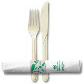 Hoffmaster 119976 Earth Wise -Pre-rolled recycled White tissue dinner napkin and compostable fork and knife, recycled napkin band