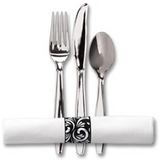 Hoffmaster 119978 Metallic-Pre-rolled Linen-Like White dinner napkin and heavyweight metallic cutlery