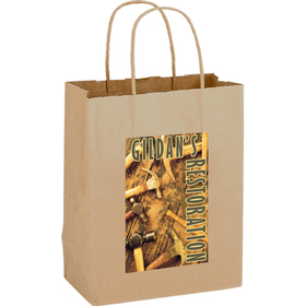 Custom 1N8410EV 8"W X 4.75"G X 10.25"H Evo Natural Kraft Paper Shoppers With Matching Interior, Full Color Imprnt