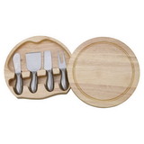 Custom Creative Gifts Round Wd Cheese Board 4 pc SS Handled Utensils