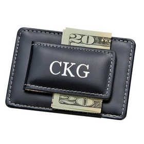 Custom Creative Gifts Black Leather Card Holder / Money Clip, 3.75" x 2.5"