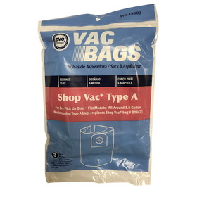 Shop Vac Replacement: SVR-14903 Paper Bag, DVC Shop Vac 1.5 Gal Type A 3Pk